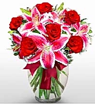 Vazoda 7 adet k�rm�z� g�l ve 2 adet kazablanka